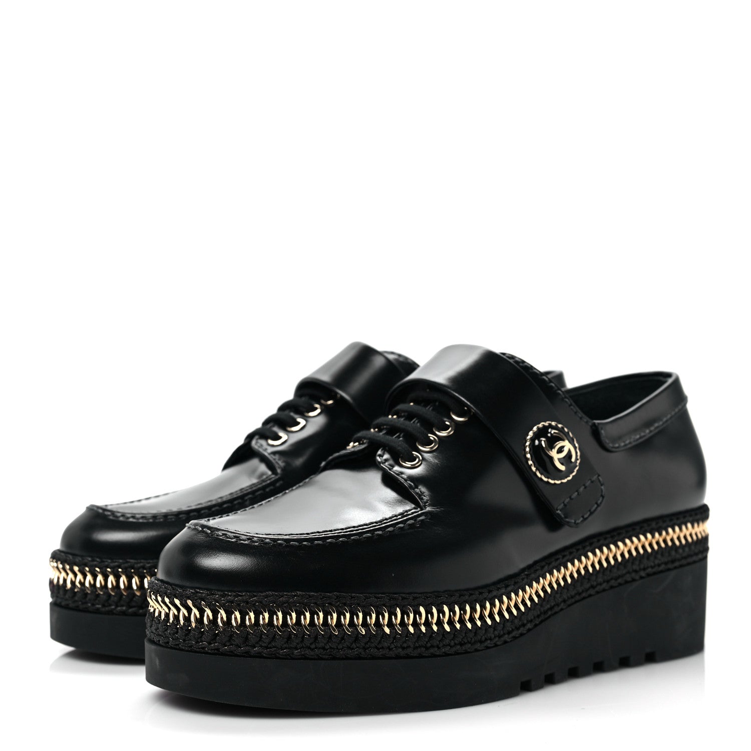 Chanel Shiny Calfskin Lace Up Platform Loafers 37 Black 3 of 8