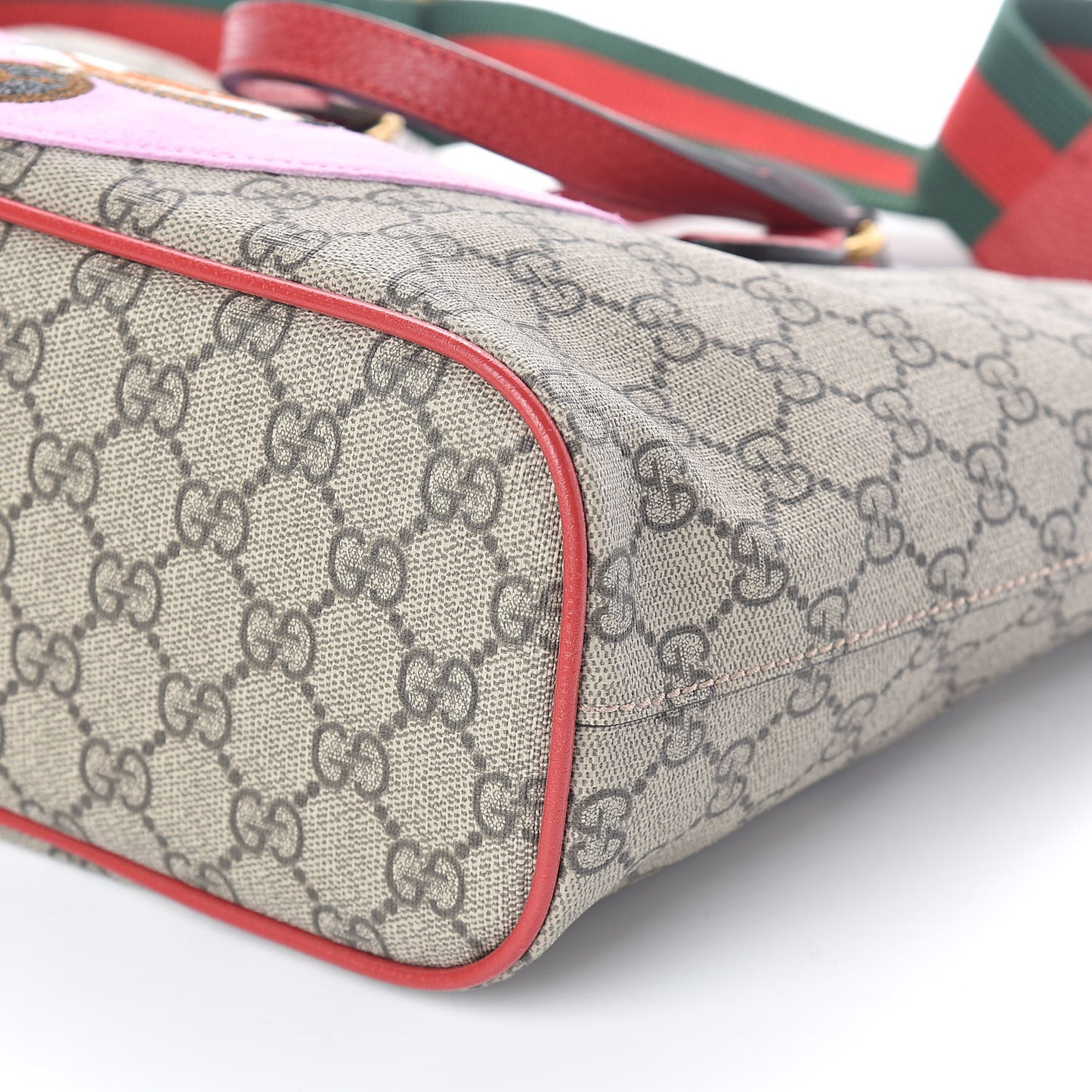 Soft GG Supreme Monogram Web Bosco Patch Small Crossbody Tote Beige Malva Hibiscus Red