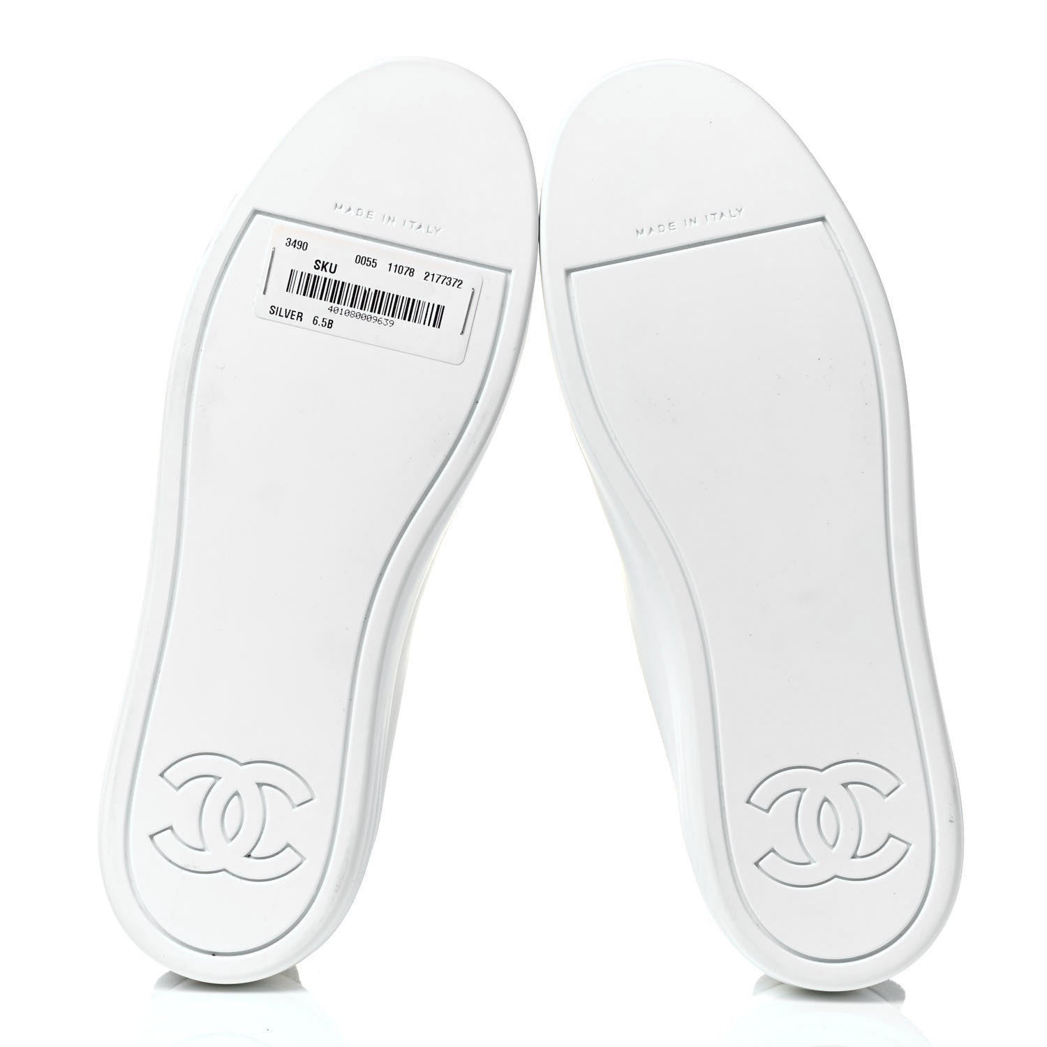 Chanel Calfskin Velvet Womens CC Sneakers 36.5 White Silver 7 of 8