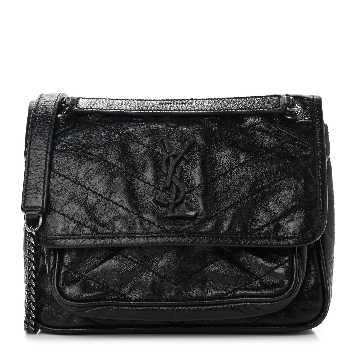 Crinkled Calfskin Matelasse Monogram Baby Niki Chain Satchel Black