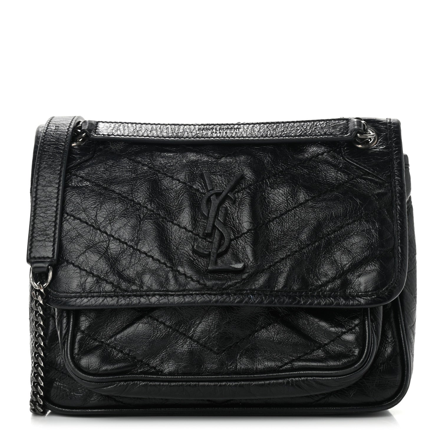 Saint Laurent Crinkled Calfskin Matelasse Monogram Baby Niki Chain Satchel Black 1 of 8
