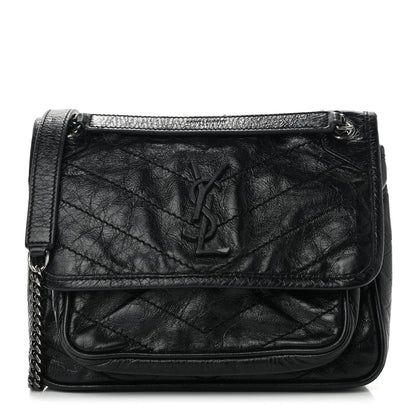 Saint Laurent Crinkled Calfskin Matelasse Monogram Baby Niki Chain Satchel Black 1 of 8