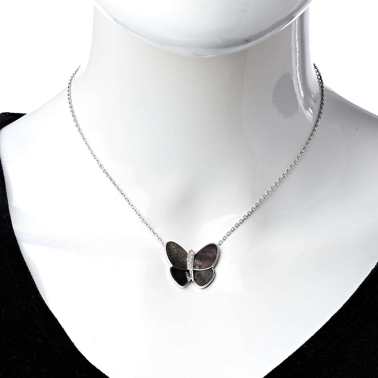 18K White Gold Grey Mother of Pearl Diamond Butterfly Pendant Necklace