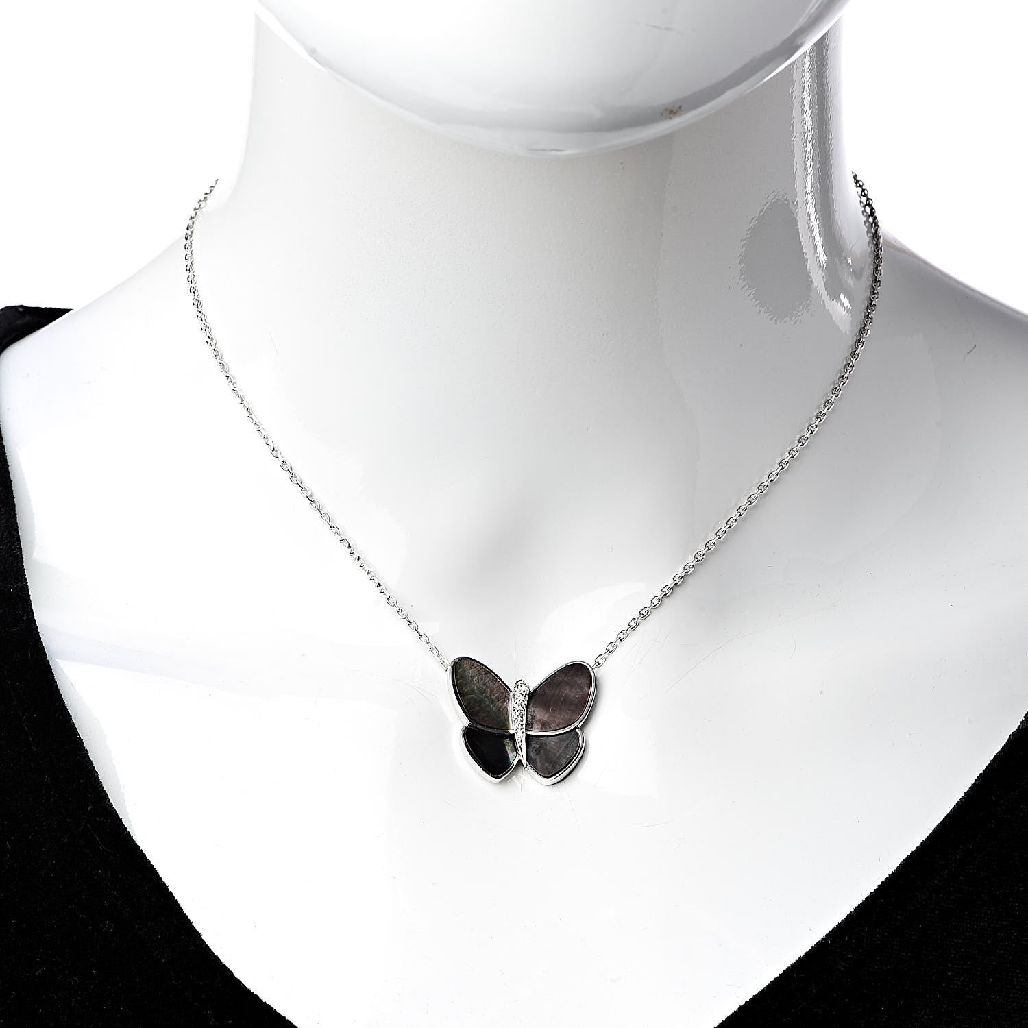 Van Cleef & Arpels 18K White Gold Grey Mother of Pearl Diamond Butterfly Pendant Necklace 2 of 7