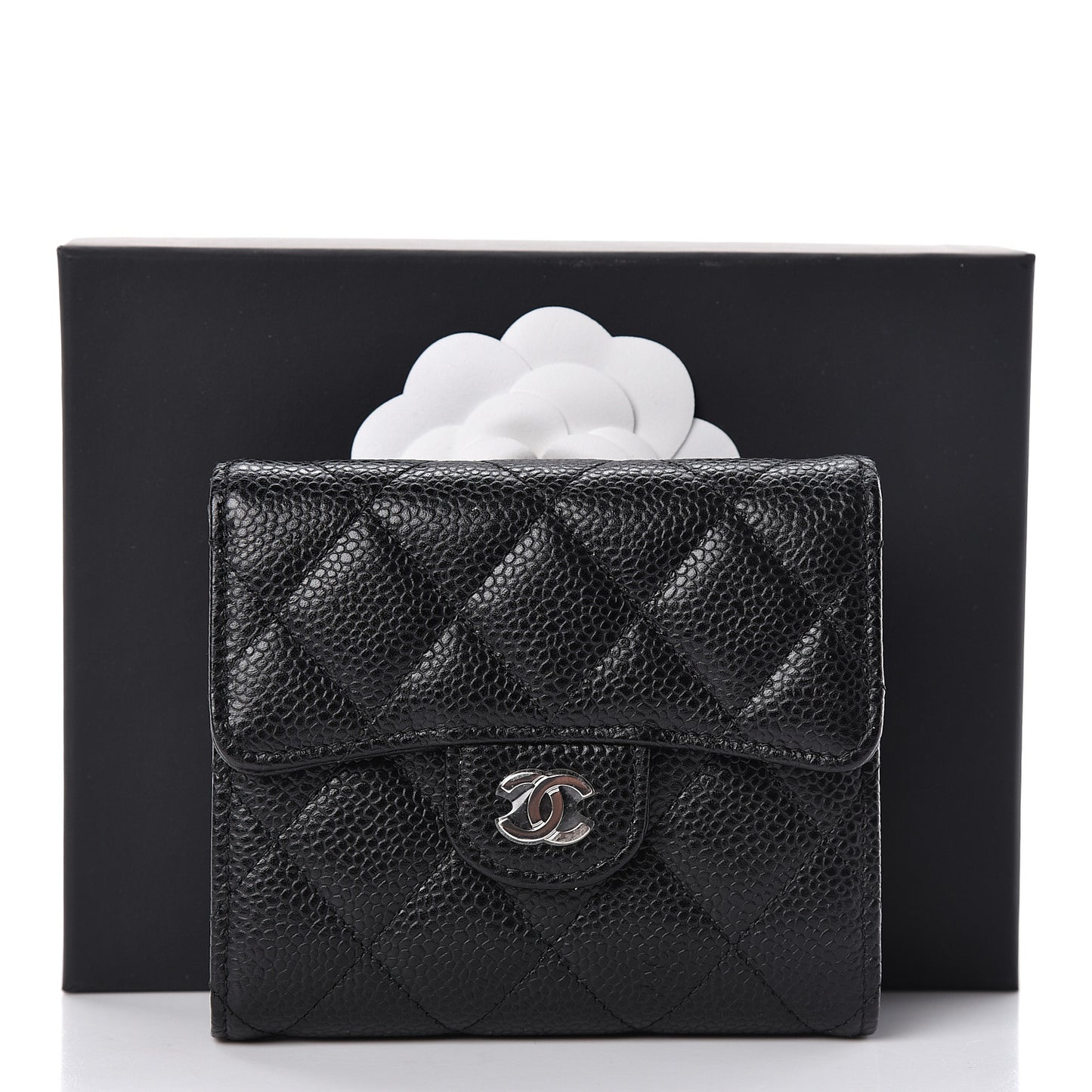 Caviar Quilted Compact Flap Wallet Black