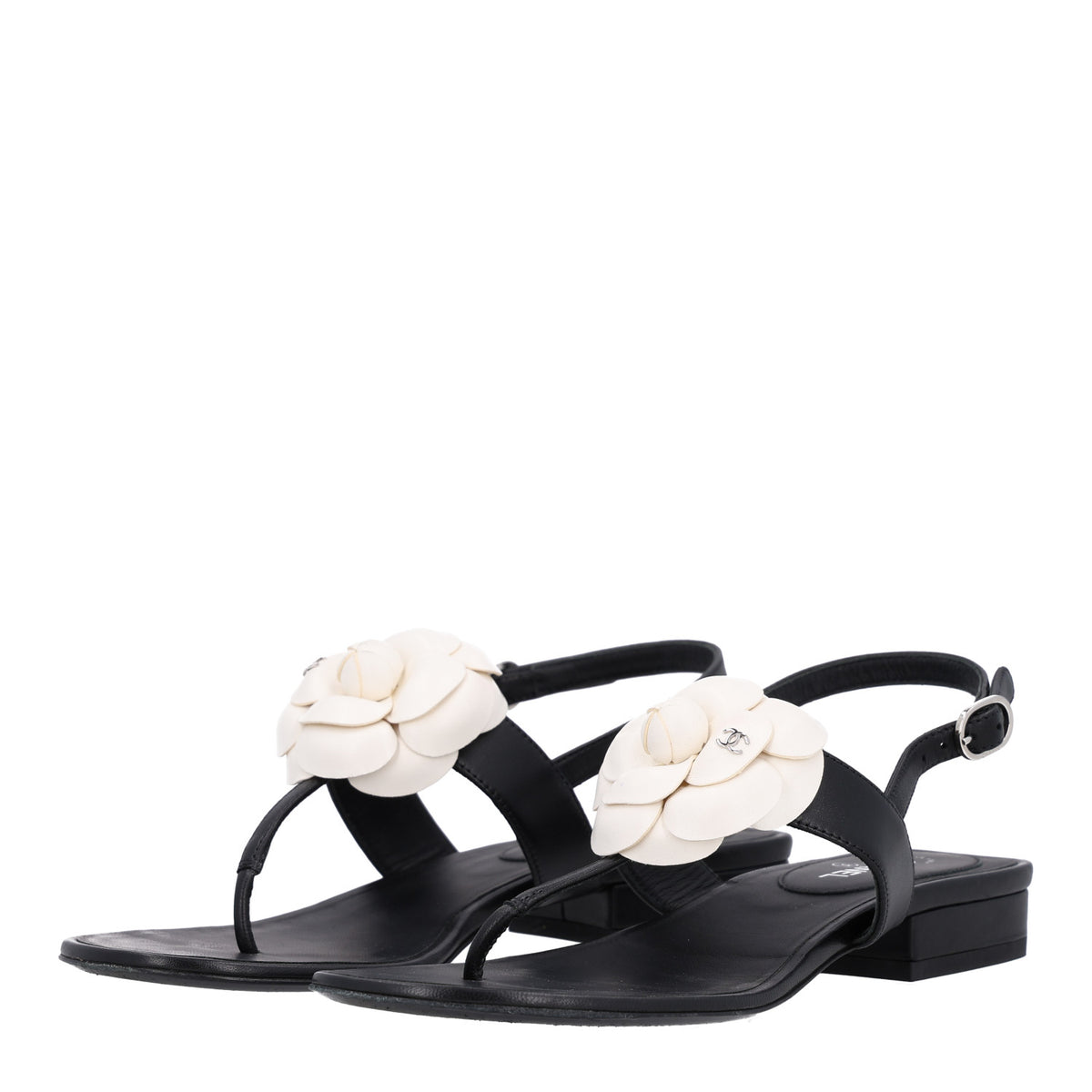 Lambskin Camellia Thong Sandals 36.5 Black White