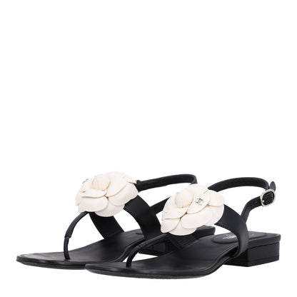 Chanel Lambskin Camellia Thong Sandals 36.5 Black White 4 of 10