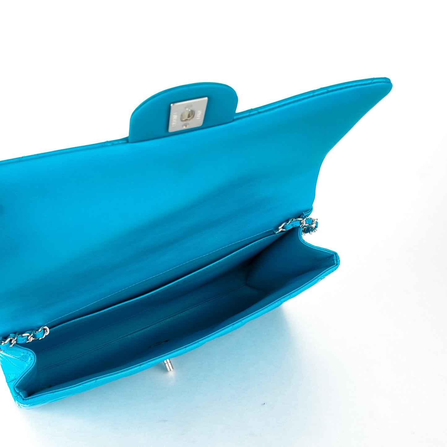 Patent Quilted Clutch with Chain Flap Blue