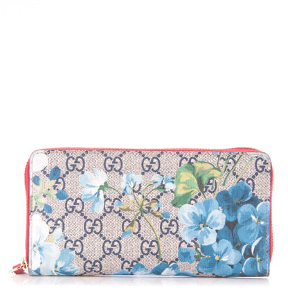 Gucci GG Supreme Monogram Blooms Zip Around Wallet Blue Red 1 of 7