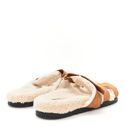 Hermes Suede Goatskin Woolskin Womens Chypre Sandals 38 Brun Fume Ecru 5 of 8