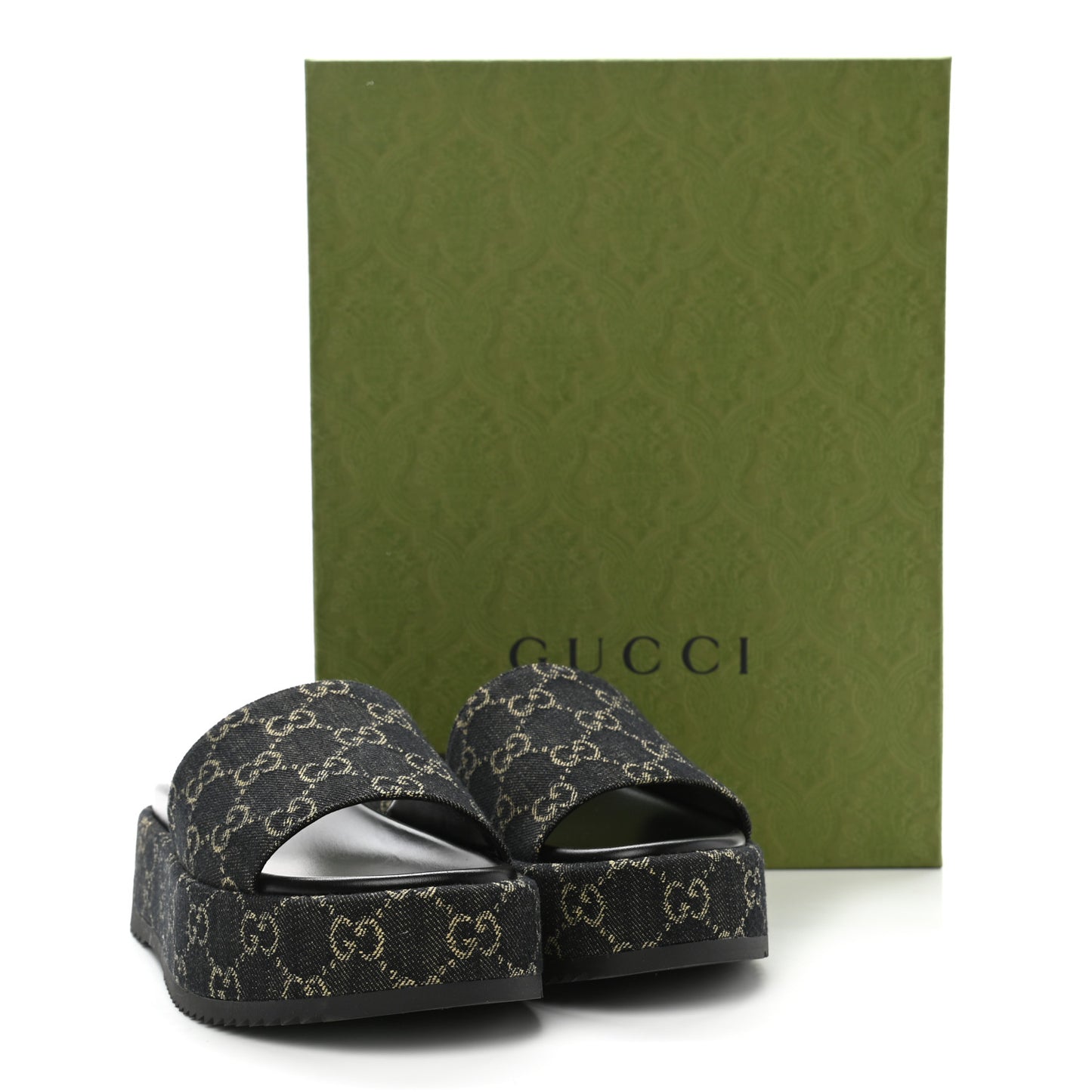 Jacquard Black Denim GG Monogram Angelina Platform 55mm Slide Sandals 38.5 Black Ivory