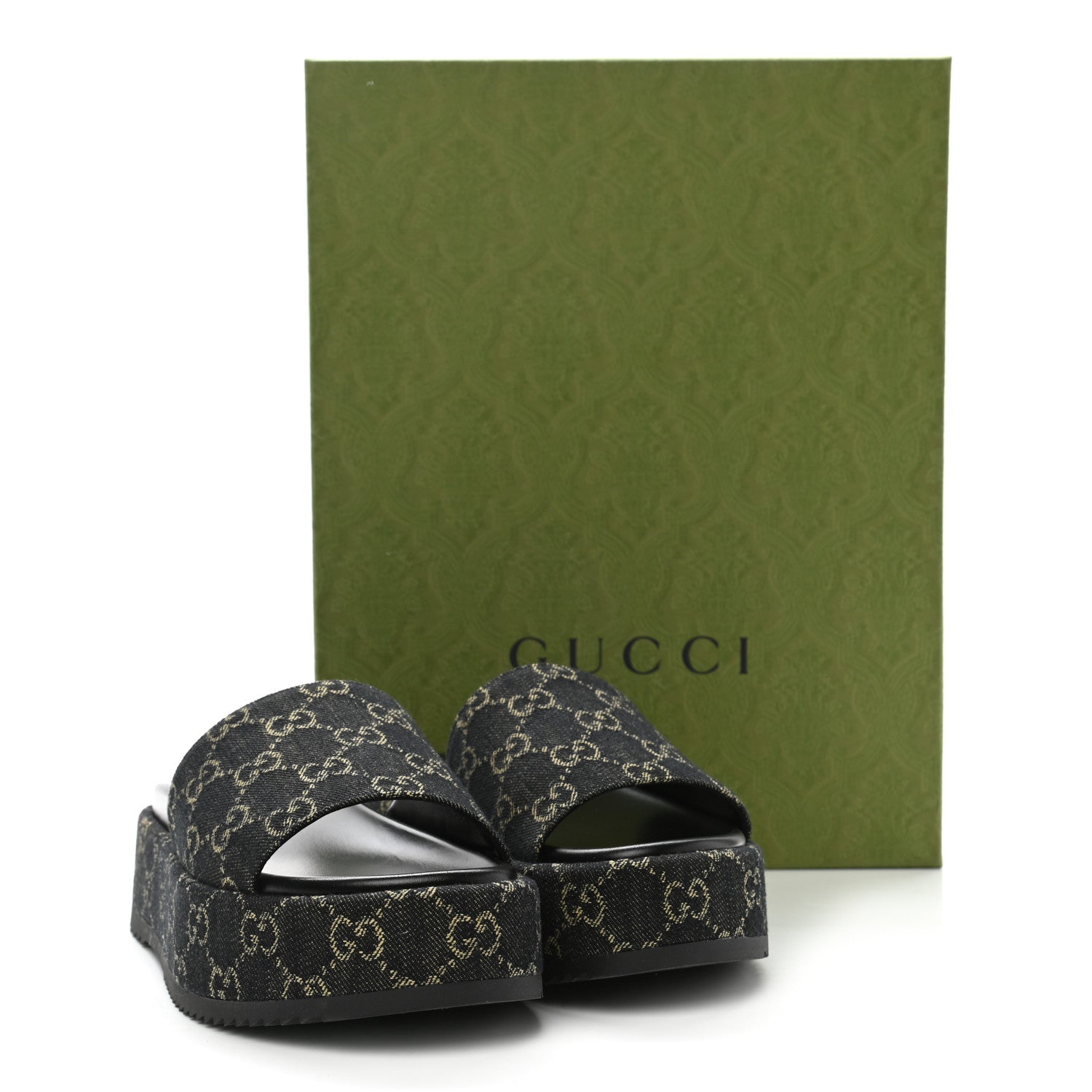 Gucci Jacquard Black Denim GG Monogram Angelina Platform 55mm Slide Sandals 38.5 Black Ivory 9 of 9