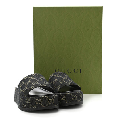 Gucci Jacquard Black Denim GG Monogram Angelina Platform 55mm Slide Sandals 38.5 Black Ivory 9 of 9