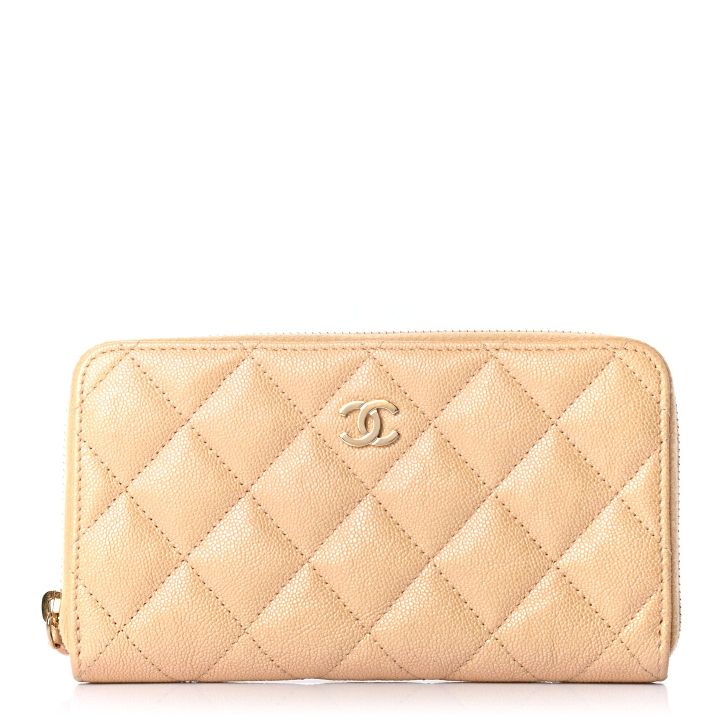 Iridescent Caviar Quilted Medium Zip Around Wallet Beige
