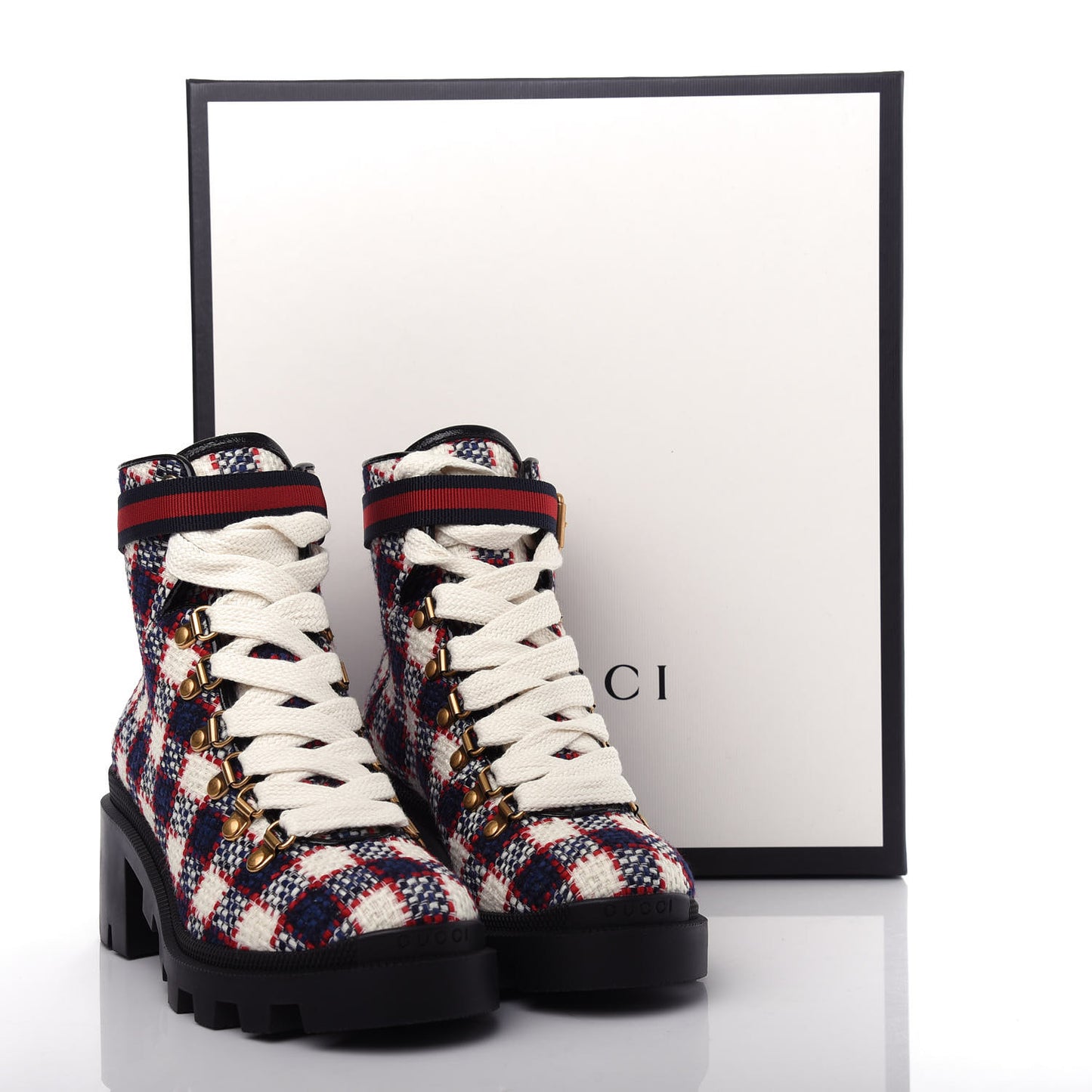 Vintage Tweed Check Lace Up Combat Ankle Boots 36.5 White Hibiscus Red Marine