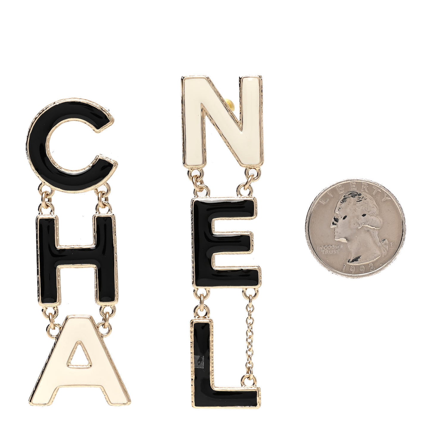 Metal Enamel Cha-Nel Logo Drop Earrings Black White