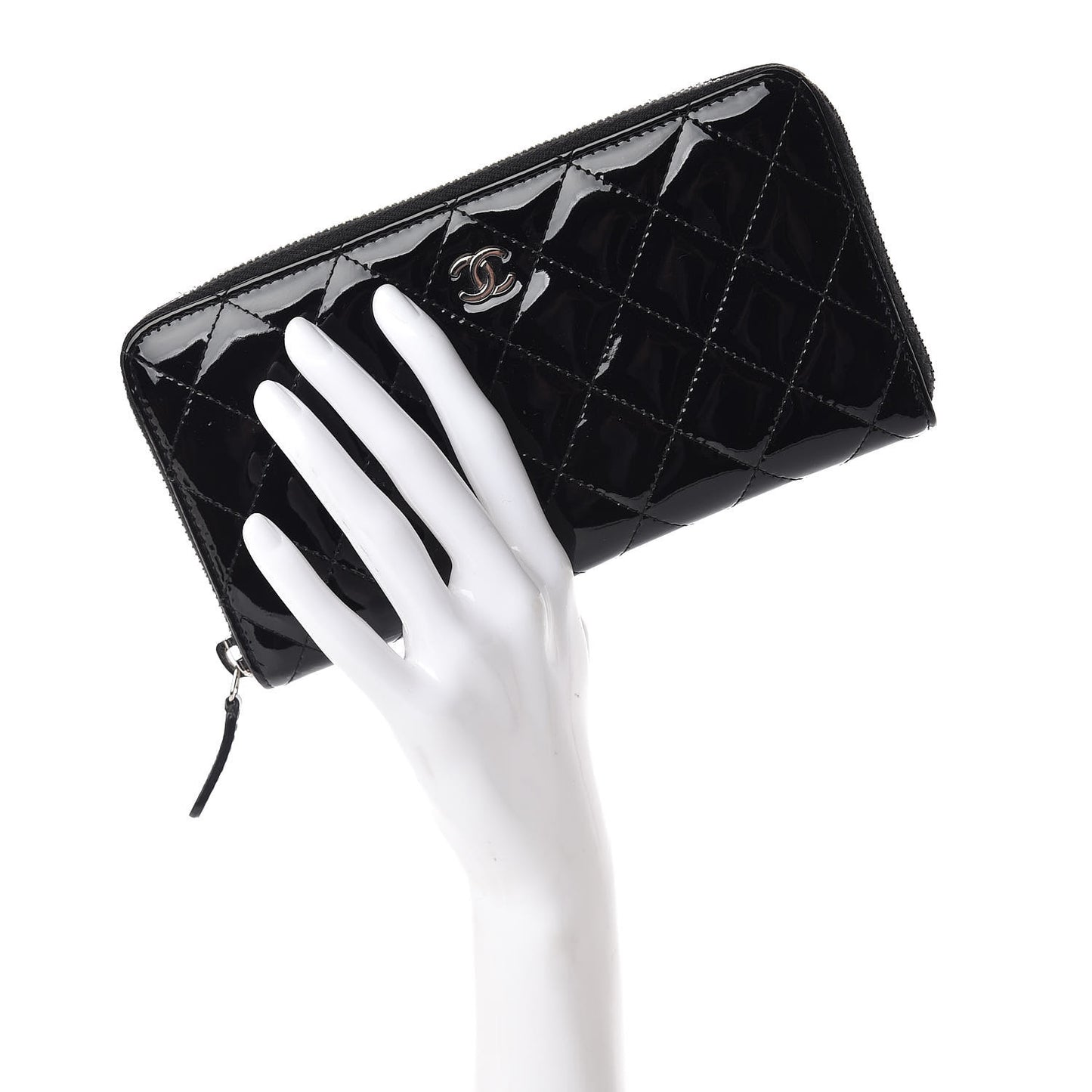 Patent Quilted Zip Around Wallet Black