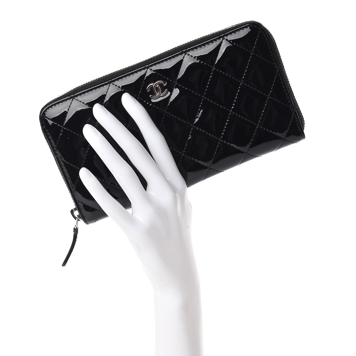 Chanel Patent Quilted Zip Around Wallet Black 2 of 8