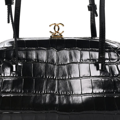 Chanel Calfskin Crocodile Embossed Pretty CC Clutch With Strap Black 7 of 10