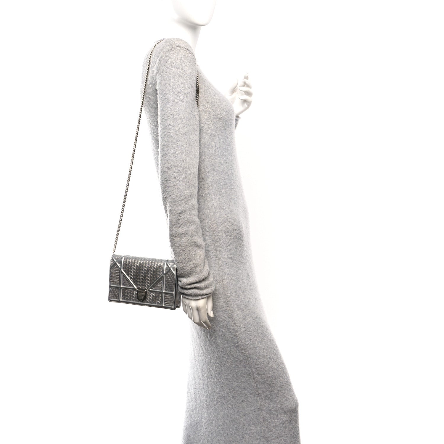 Christian Dior Metallic Patent Micro-Cannage Diorama Wallet on Chain Pouch Silver 2 of 10