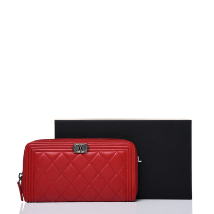 Chanel Lambskin Quilted Boy Zip Around Wallet Red 16 of 16