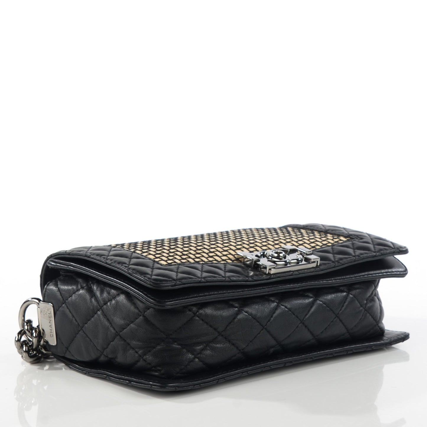 Calfskin Woven Medium Boy Reverso Flap Black
