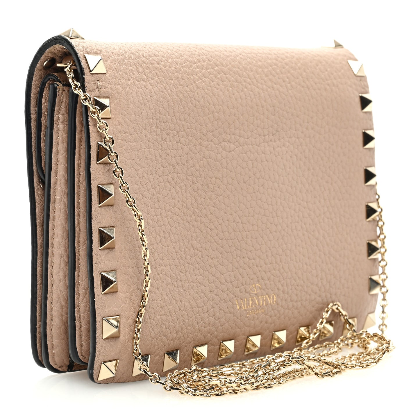 Pebbled Calfskin Rockstud Wallet On Chain Poudre