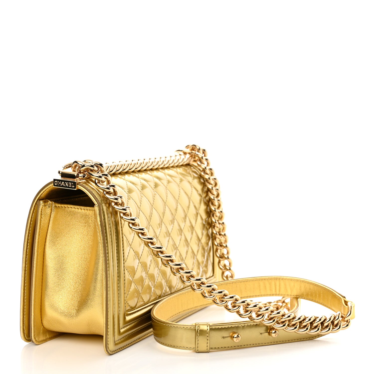 Chanel Metallic Patent Calfskin Quilted Medium Boy Flap Light Gold 3 of 15