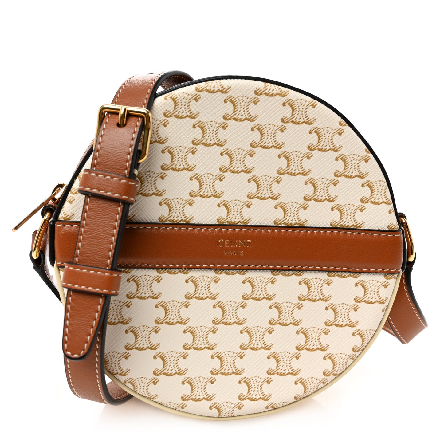 Lambskin Triomphe Canvas Round Purse On Strap White Tan