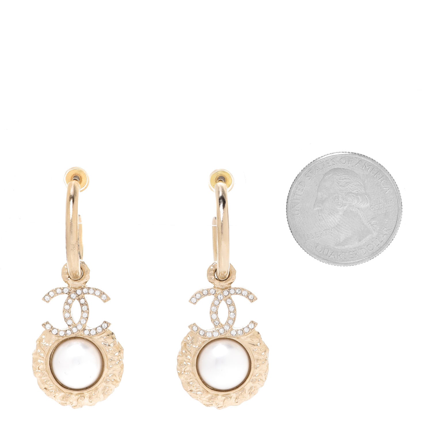 Chanel Metal Crystal Pearl Textured CC Hoop Drop Earrings Gold White 2 of 5