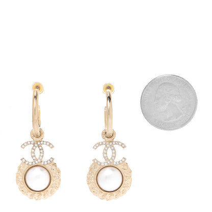Chanel Metal Crystal Pearl Textured CC Hoop Drop Earrings Gold White 2 of 5