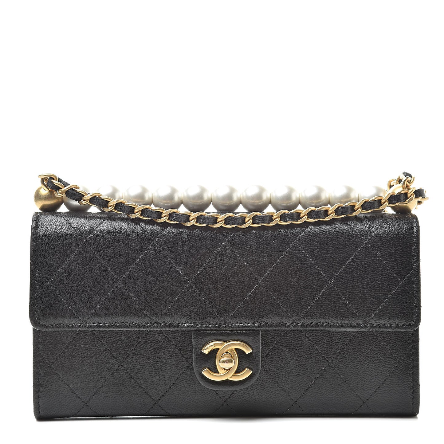 Goatskin Quilted Pearl Short Handle Clutch With Chain Black