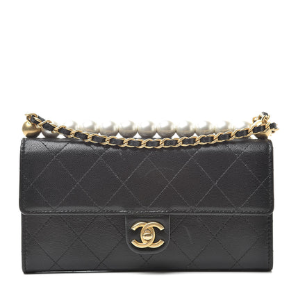 Chanel Goatskin Quilted Pearl Short Handle Clutch With Chain Black 1 of 14
