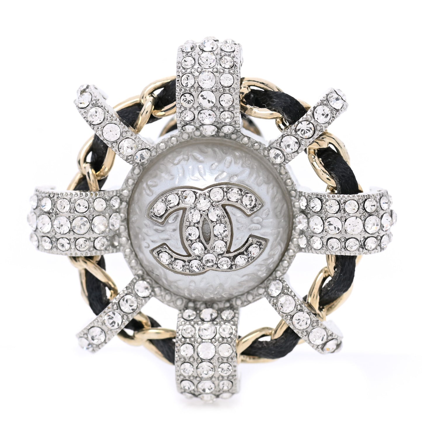 Lambskin Pearl Crystal CC Brooch Black Silver