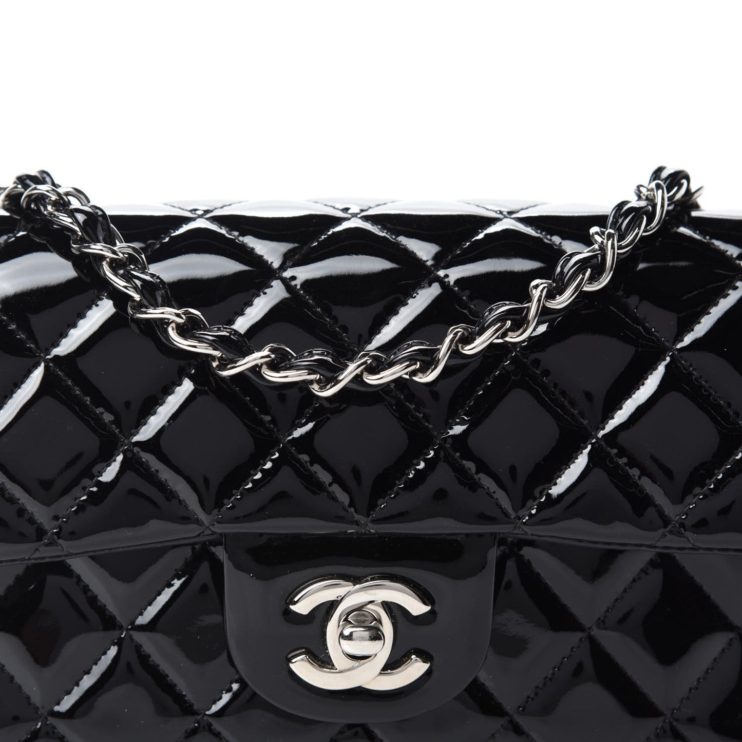 Patent Calfskin Quilted Mini Rectangular Flap Black