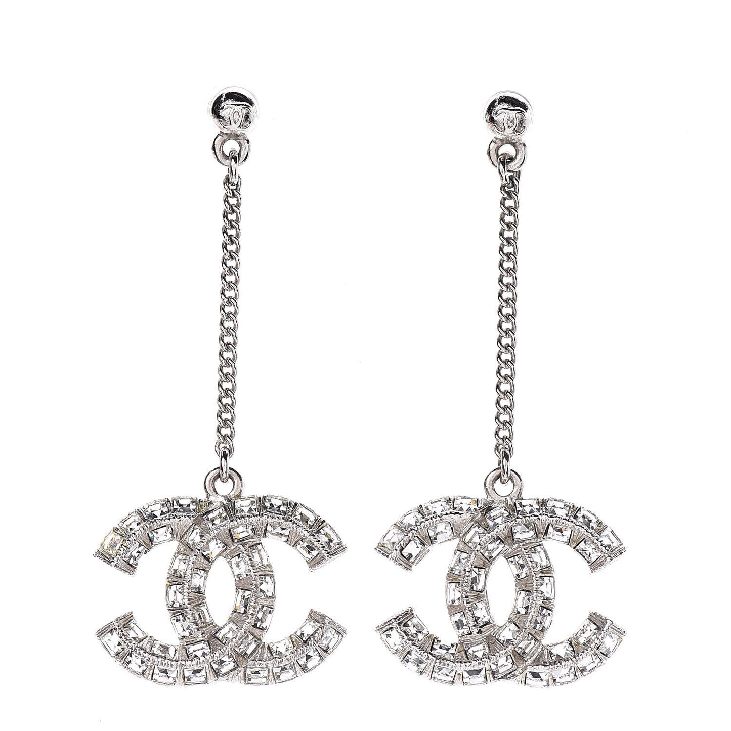 Baguette Crystal CC Drop Earrings Silver