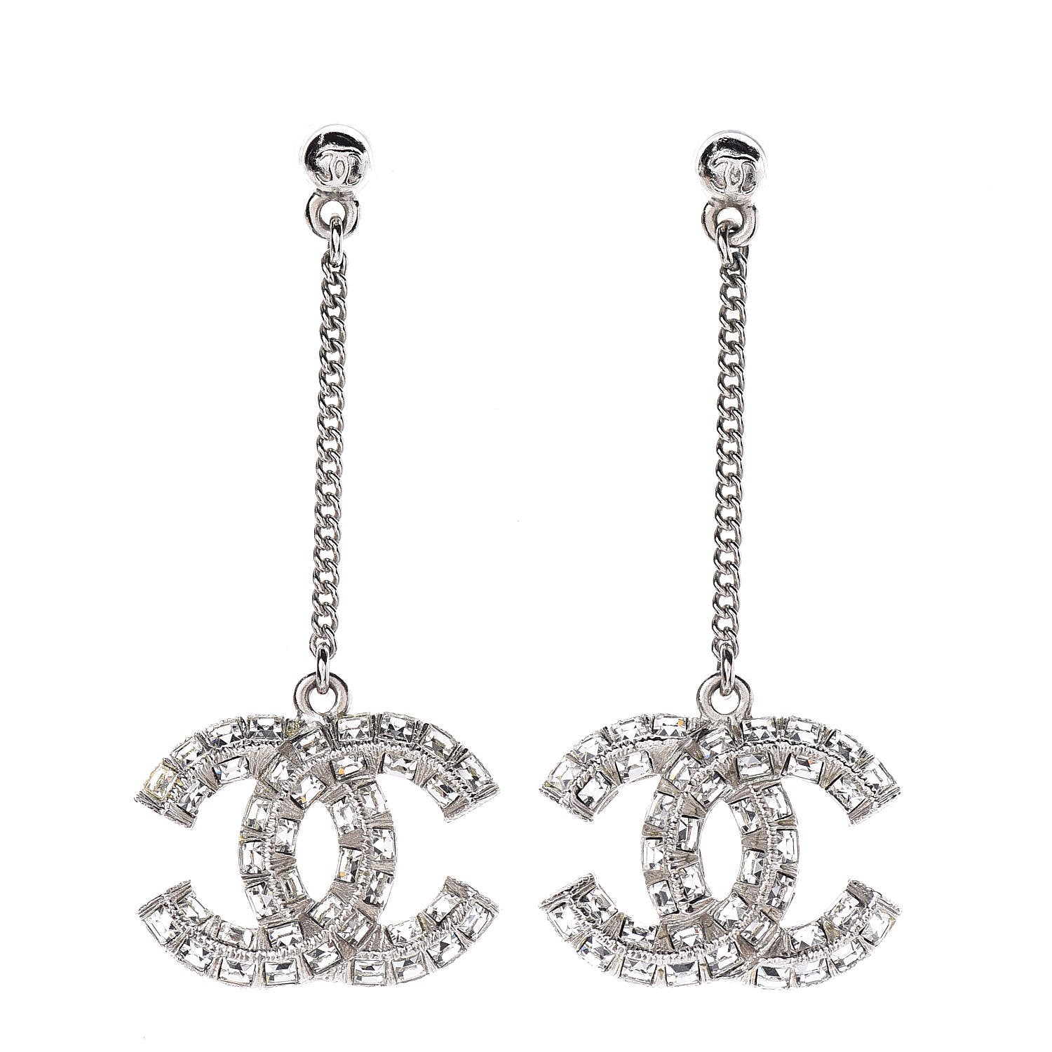 Chanel Baguette Crystal CC Drop Earrings Silver 1 of 4