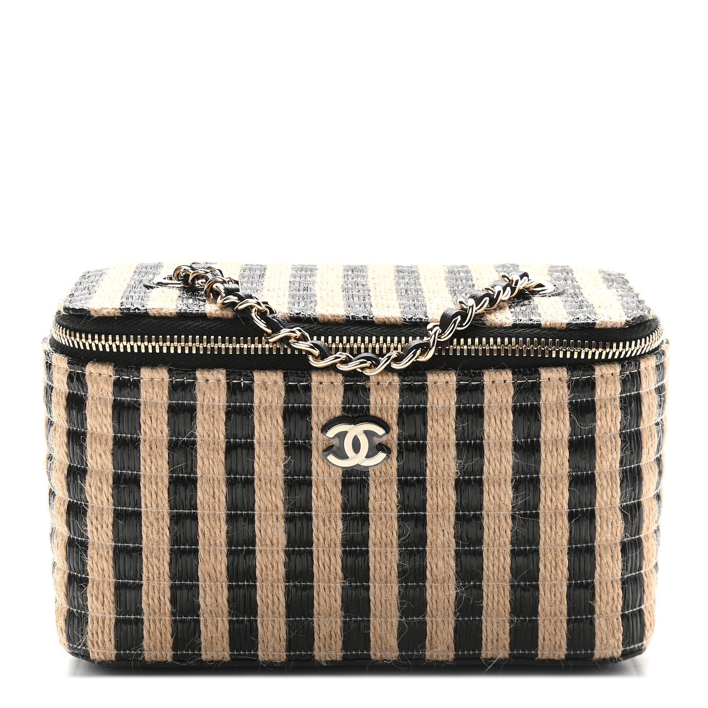 Raffia Jute Striped Small Vanity Case With Chain Black Beige
