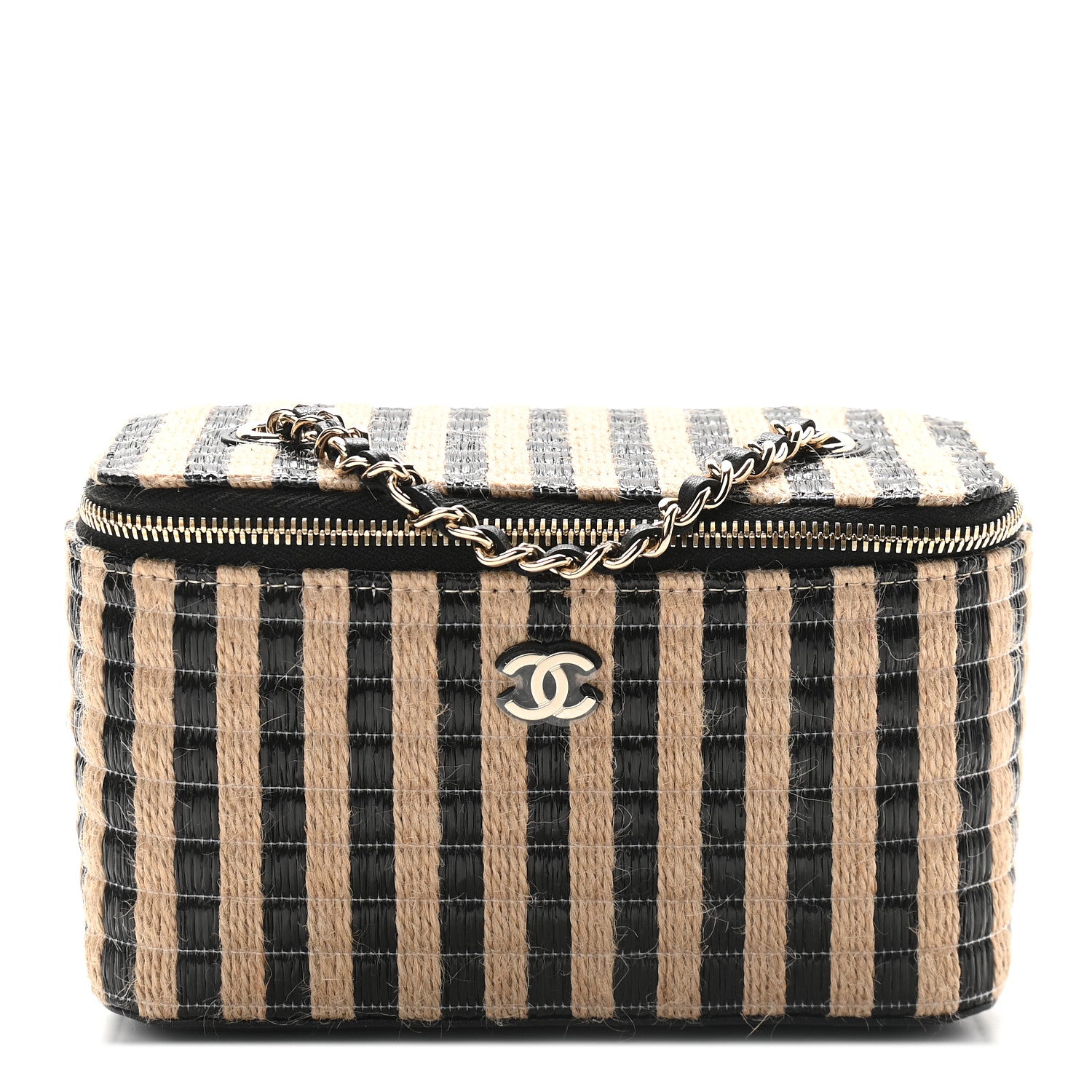 Chanel Raffia Jute Striped Small Vanity Case With Chain Black Beige 1 of 9