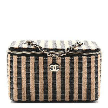 Chanel Raffia Jute Striped Small Vanity Case With Chain Black Beige 1 of 9