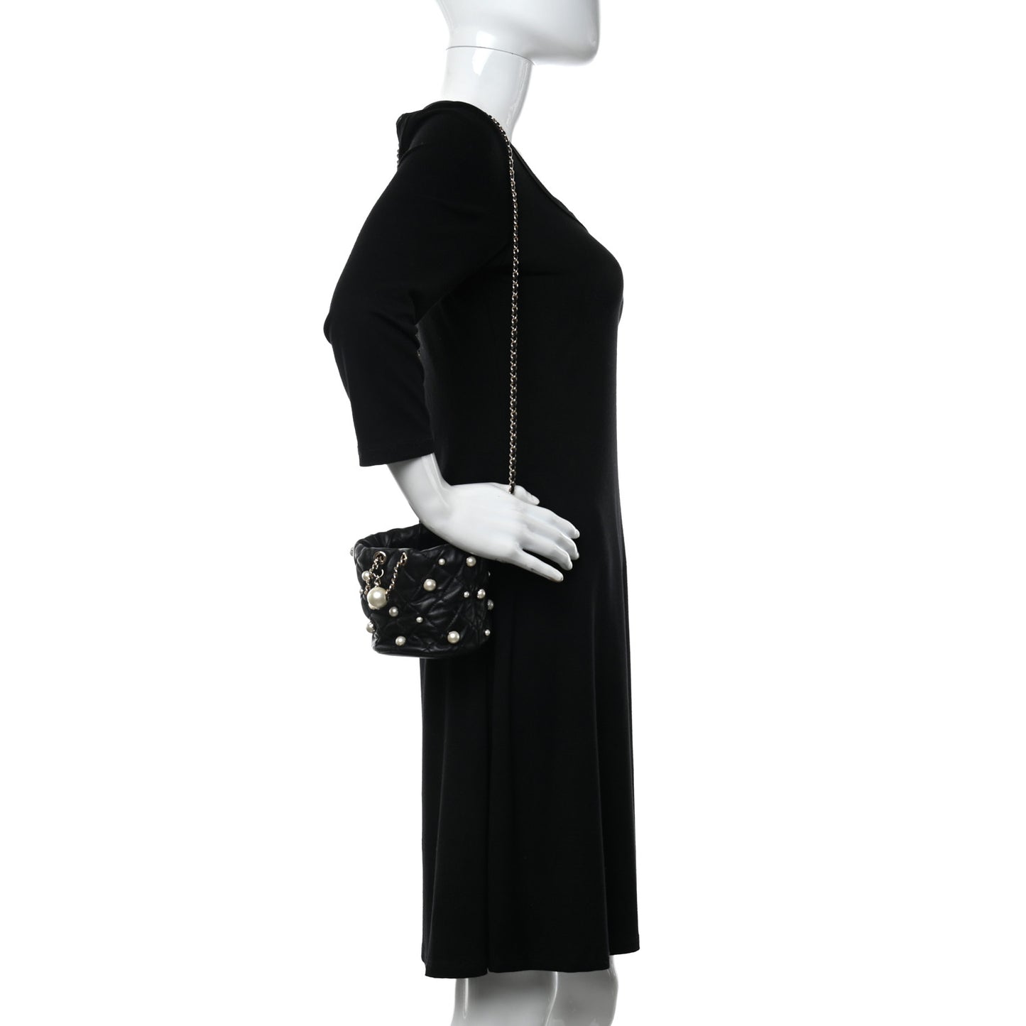 Lambskin Quilted Pearl About Pearls Drawstring Bag Black