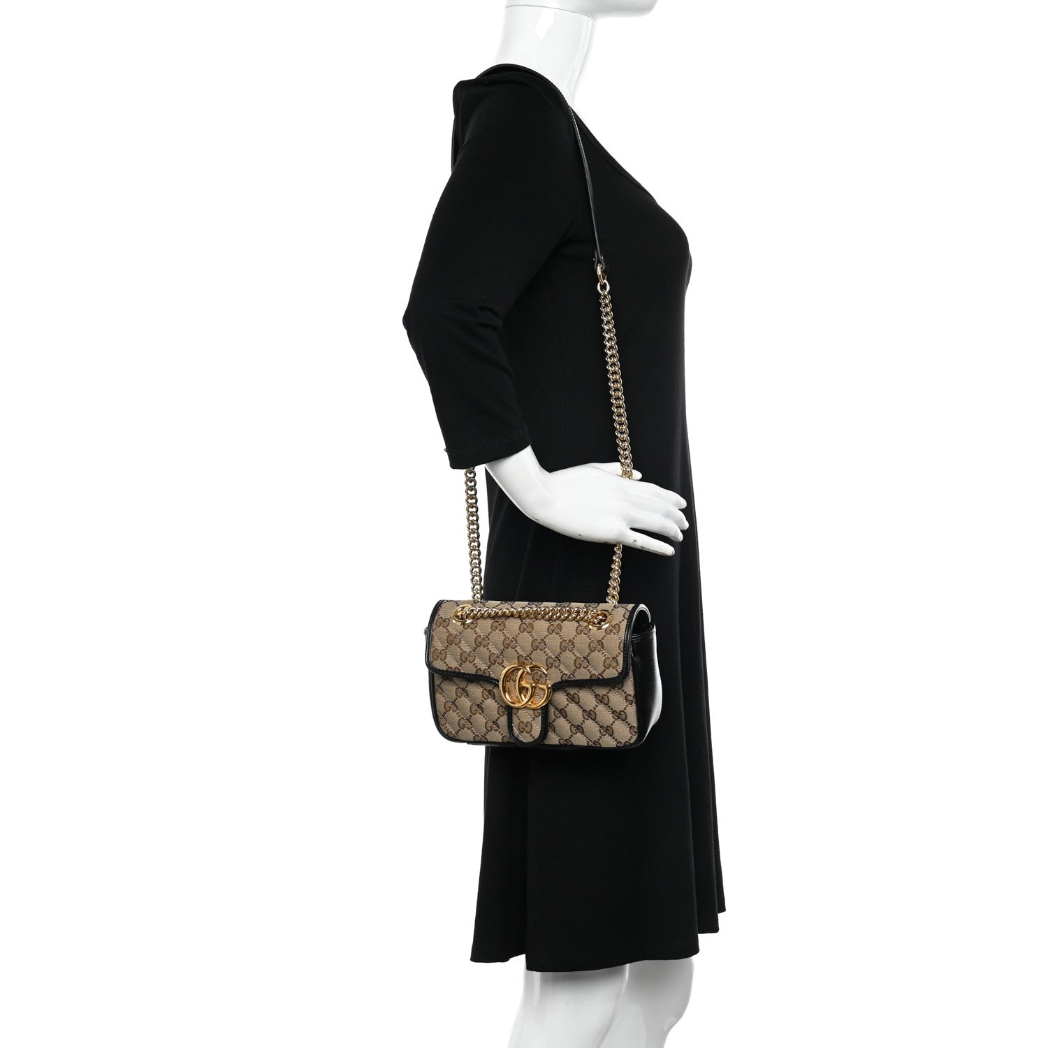 Gucci Monogram Matelasse Diagonal Mini GG Marmont Shoulder Bag Beige Black 2 of 11