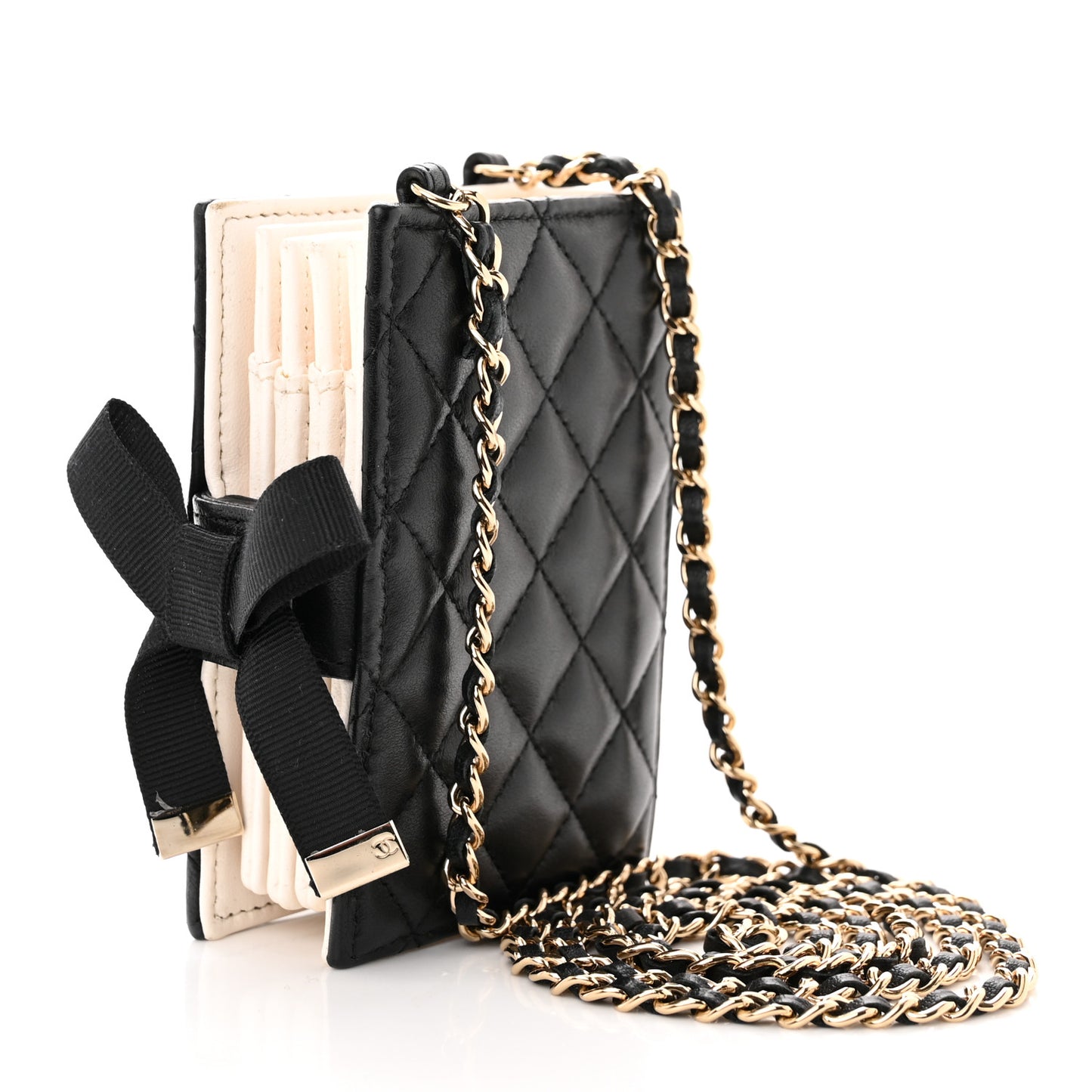 Lambskin Quilted Book Card Holder on Chain Black