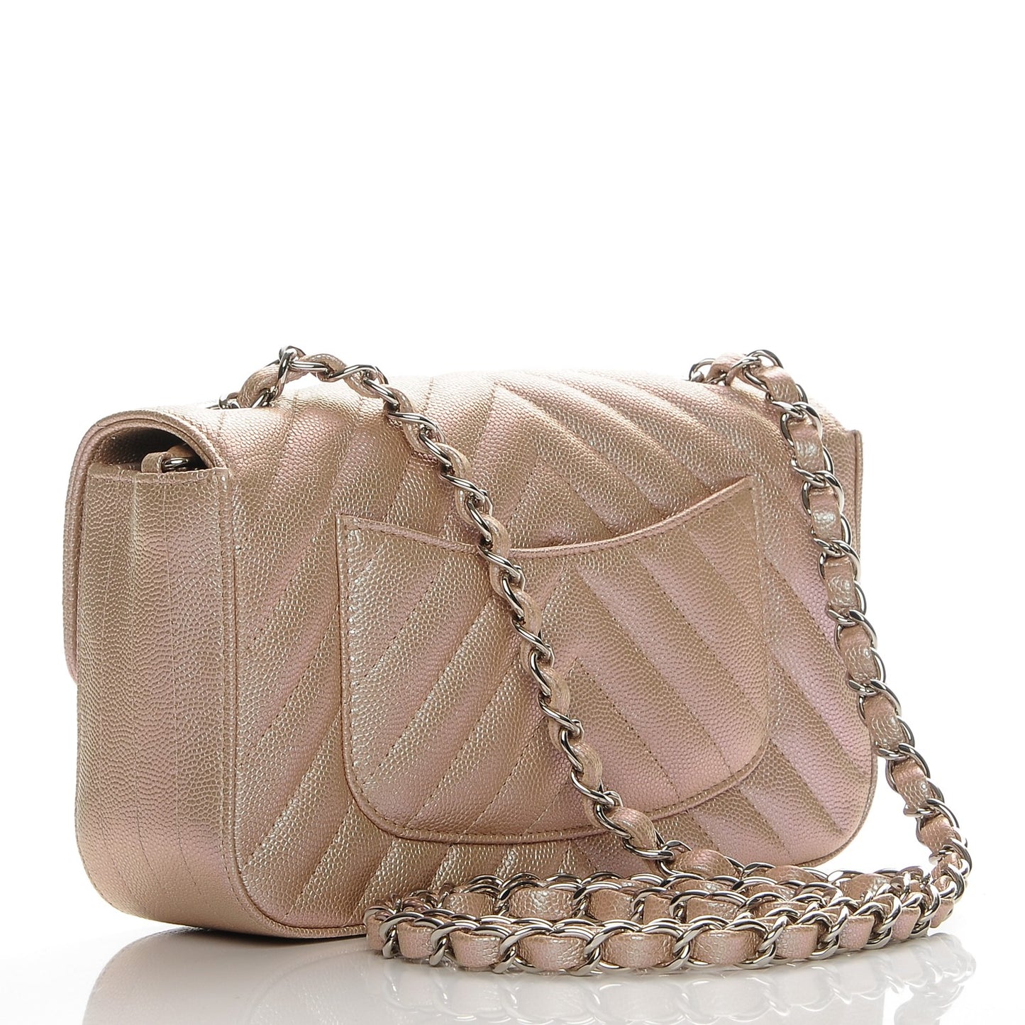 Metallic Caviar Chevron Quilted Mini Rectangular Flap Rose Gold