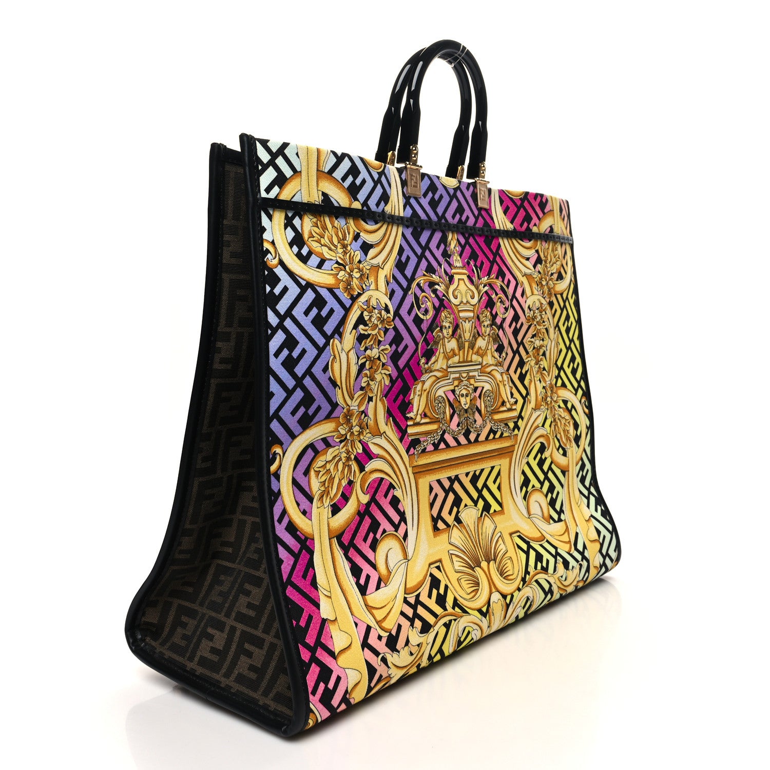 Fendi X VERSACE Canvas Printed Plexiglass Fendace FF Baroque XL Fendi Sunshine Shopper Tote Gold 3 of 12