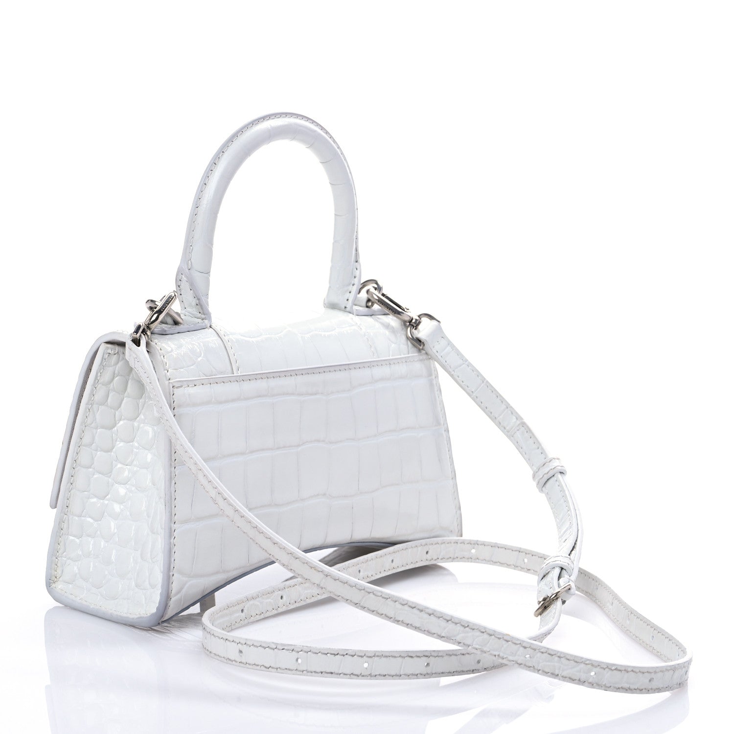 Balenciaga Shiny Calfskin Crocodile Embossed Hourglass Top Handle Bag XS White 3 of 7