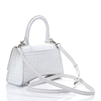 Balenciaga Shiny Calfskin Crocodile Embossed Hourglass Top Handle Bag XS White 3 of 7