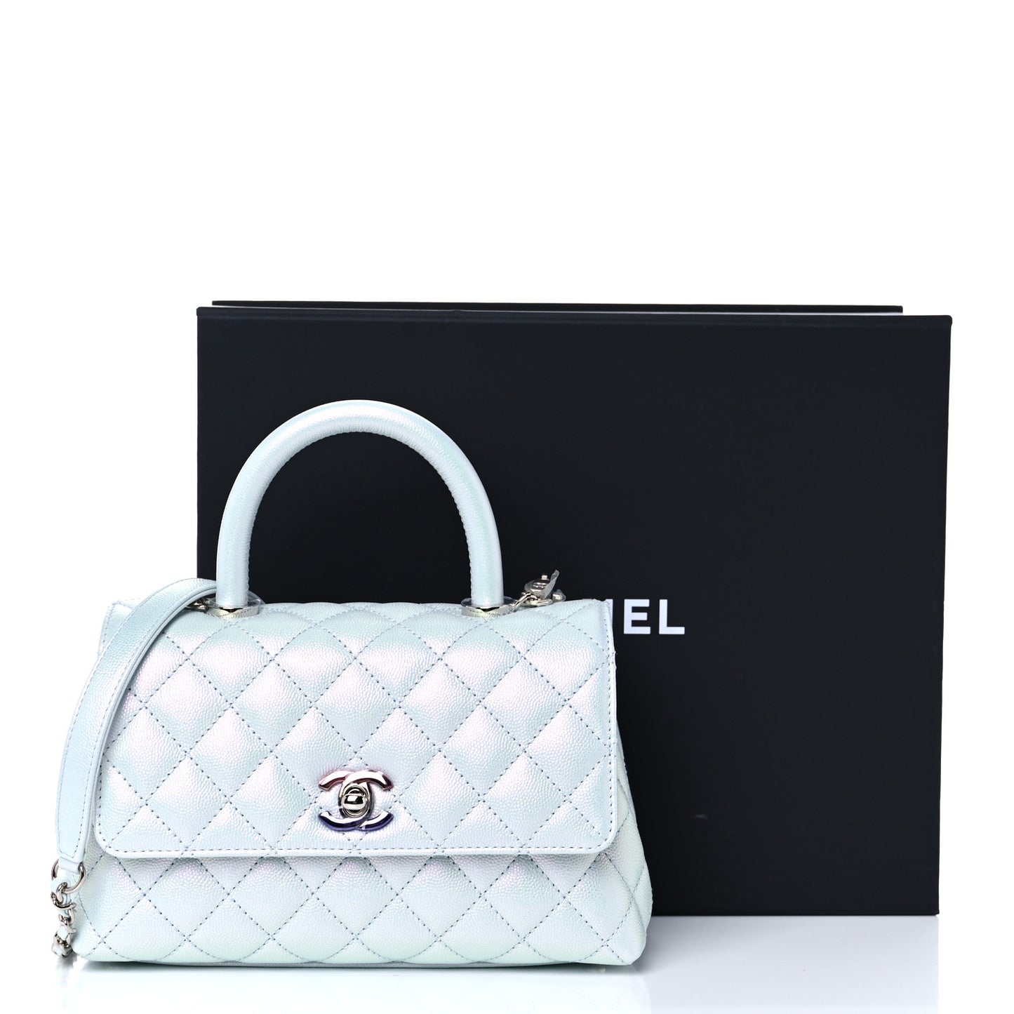 Iridescent Caviar Quilted Mini Coco Handle Flap Light Blue