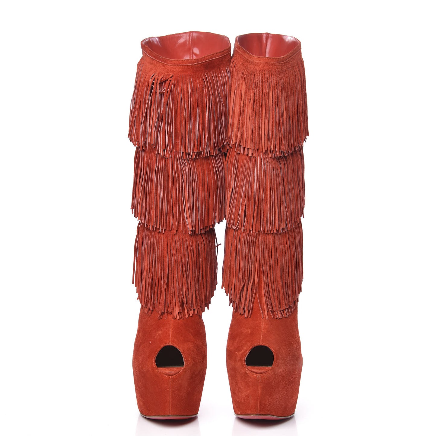 Suede Highness Tina Fringe Platform Peep Toe Boots 41 Red Brick