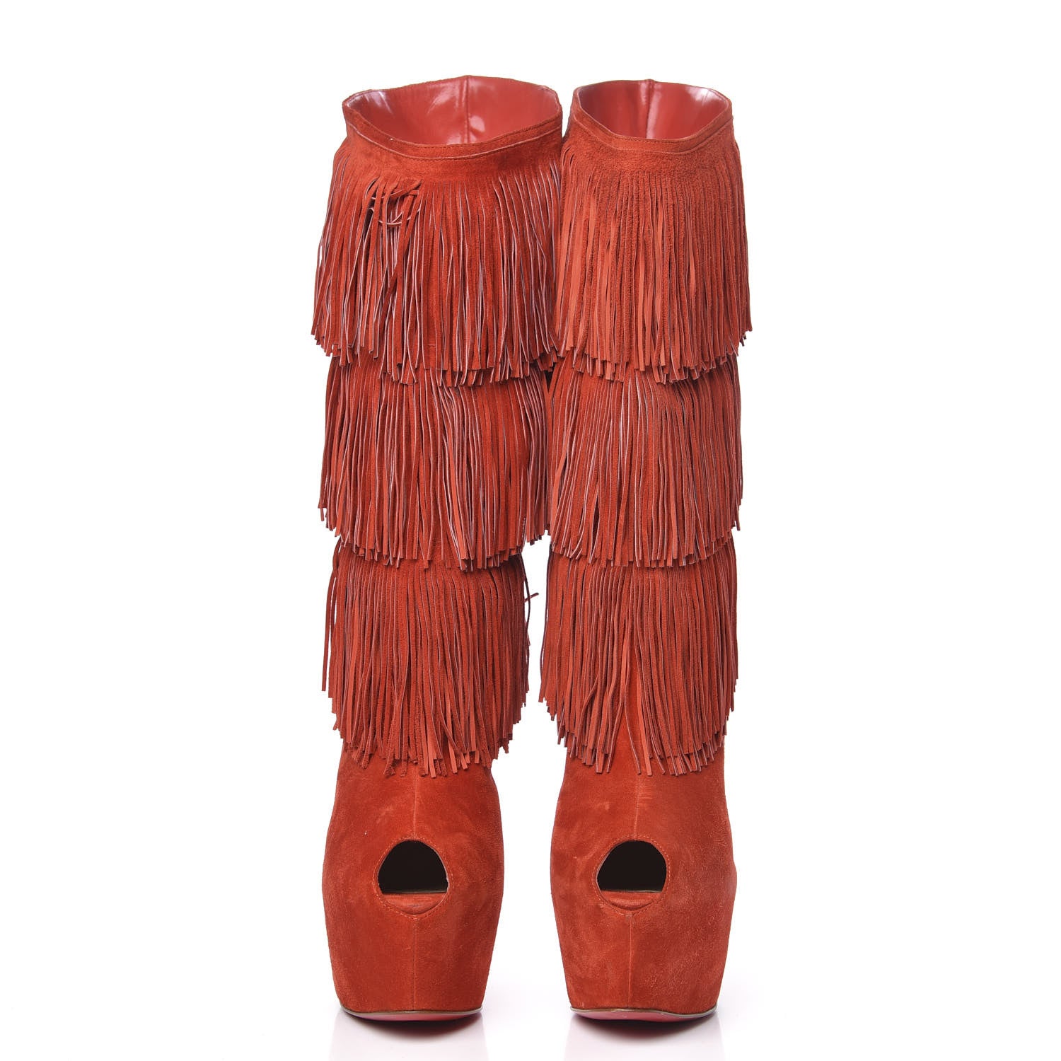 Christian Louboutin Suede Highness Tina Fringe Platform Peep Toe Boots 41 Red Brick 2 of 9